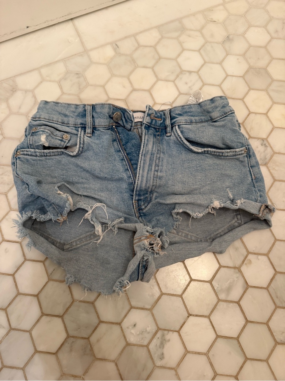 Zara Light Blue Distressed Denim Shorts